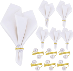 Cloth Napkins and Napkin Rings Set of 12, 6 Fabric Table Napkins and 6 Napkin Holders for Wedding Birthday Baby Shower Table Decor, White 17 * 17inch