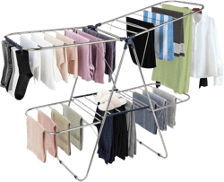 Smartsome Clothes Drying Rack Foldable - 2 Level Stainless Steel Laundry Drying Rack with Height-Adjustable Wings, 33 Drying Rails, Sock Clips, Silver and Blue - Freestanding Large Drying Rack