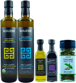 Kouzini Medusa Bundle, Premium Greek Organic Extra Virgin Olive Oil, Raw Unfiltered Extra Virgin Olive Oil, Royal Fig Balsamic Vinegar, and Basil Garlic Seasoning, For Kitchen, Grill, Salad Dressings