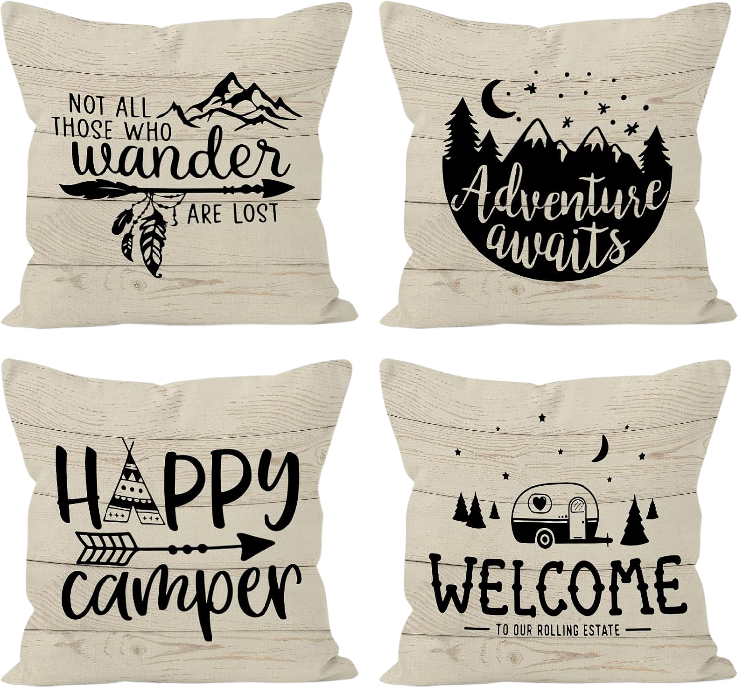 Happy Camper Camping Welcome Decorative Throw Pillow Covers, Adventure Awaits Pillow Cases Set of 4, 18 x 18 Inch Home RV Decor