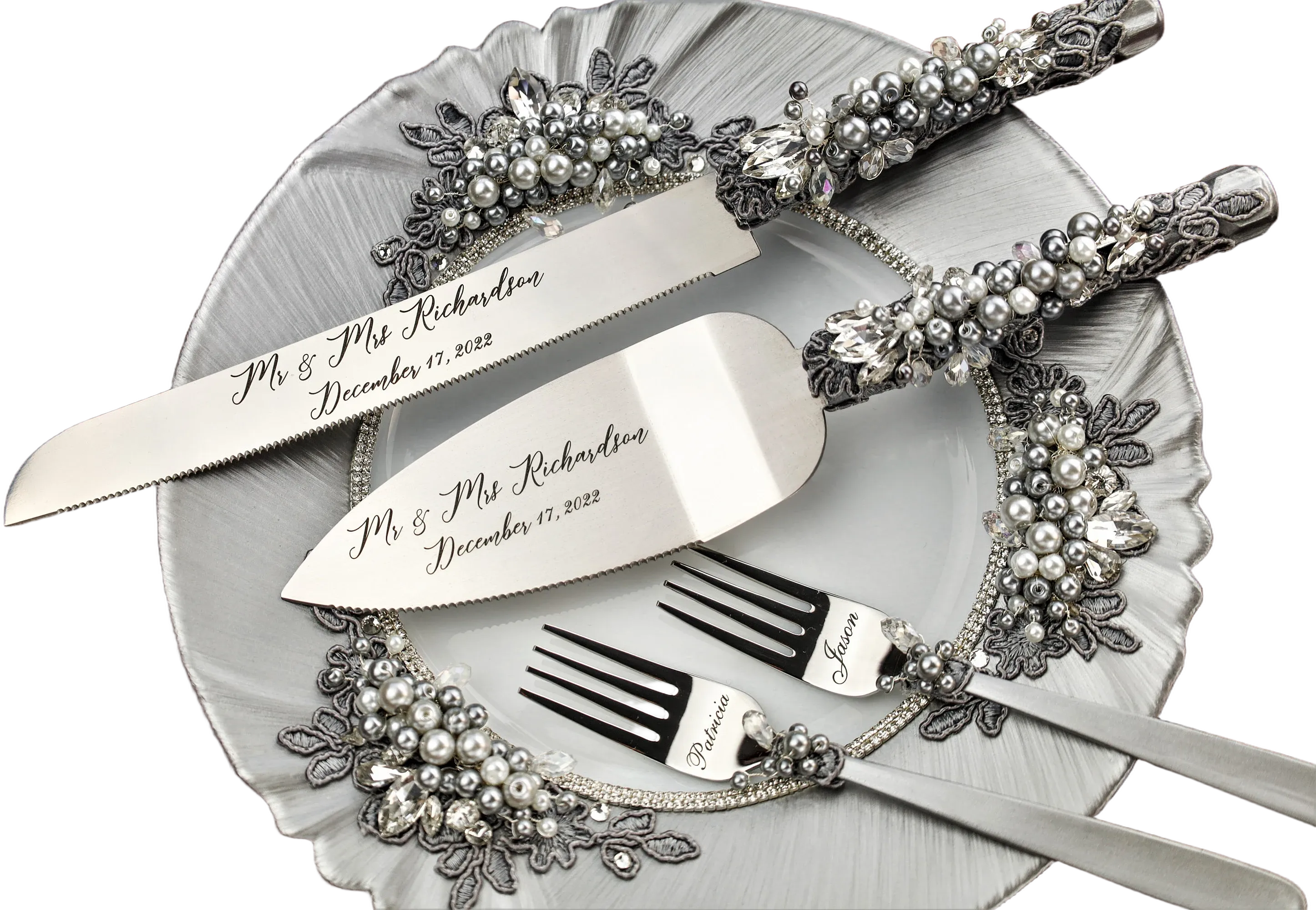Wedding pearls decoration Cake Server Set Wedding Cake Knife Cake Cutting Set Cake Servers Wedding pearl crystal Cake Server white knife set