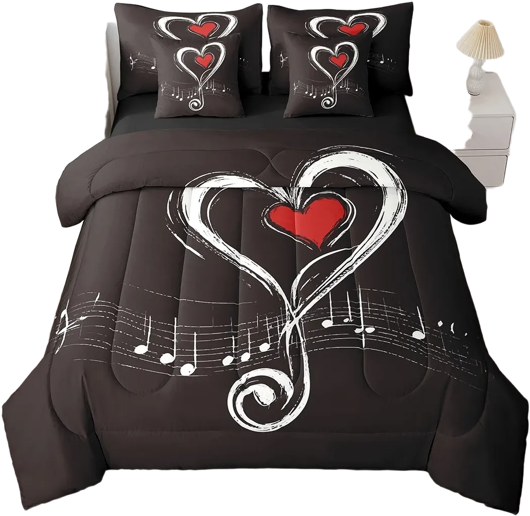 Erosebridal Love Heart Bedding Twin Size 7pcs Bed in a Bag, Geometric Music Note Printed Lightweight Comforter Set, Musical Notation Kids Boys Bedding Comforter Sets, Black Red Modern Bed Sheets Set