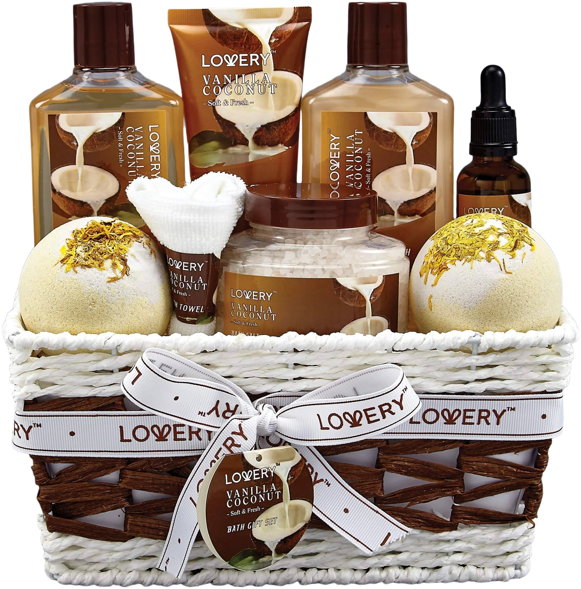 Bath and Body Gift Basket 9 Piece Set Vanilla Coconut