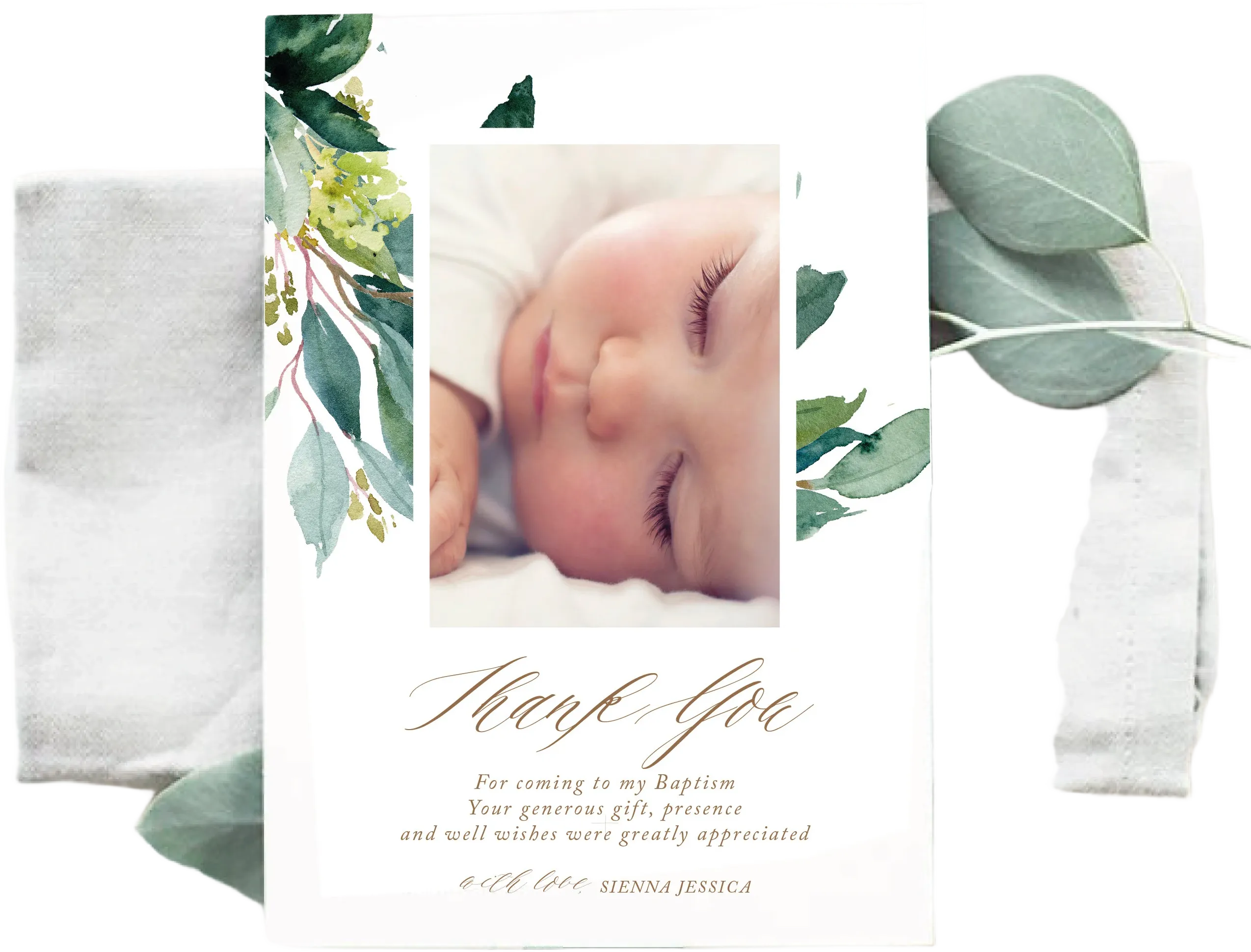 Baptism Printable Thank You Card, Spring Greenery Christening Photo Card, Personalized Christening Keepsake, Baptism Favors Remembrance Card