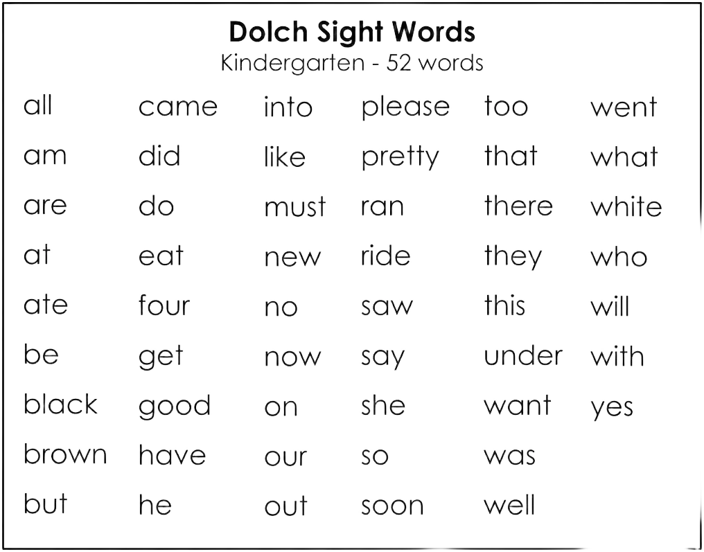 Printable Dolch Kindergarten Sight Words Flashcards 52 cards, Child-Friendly Fonts