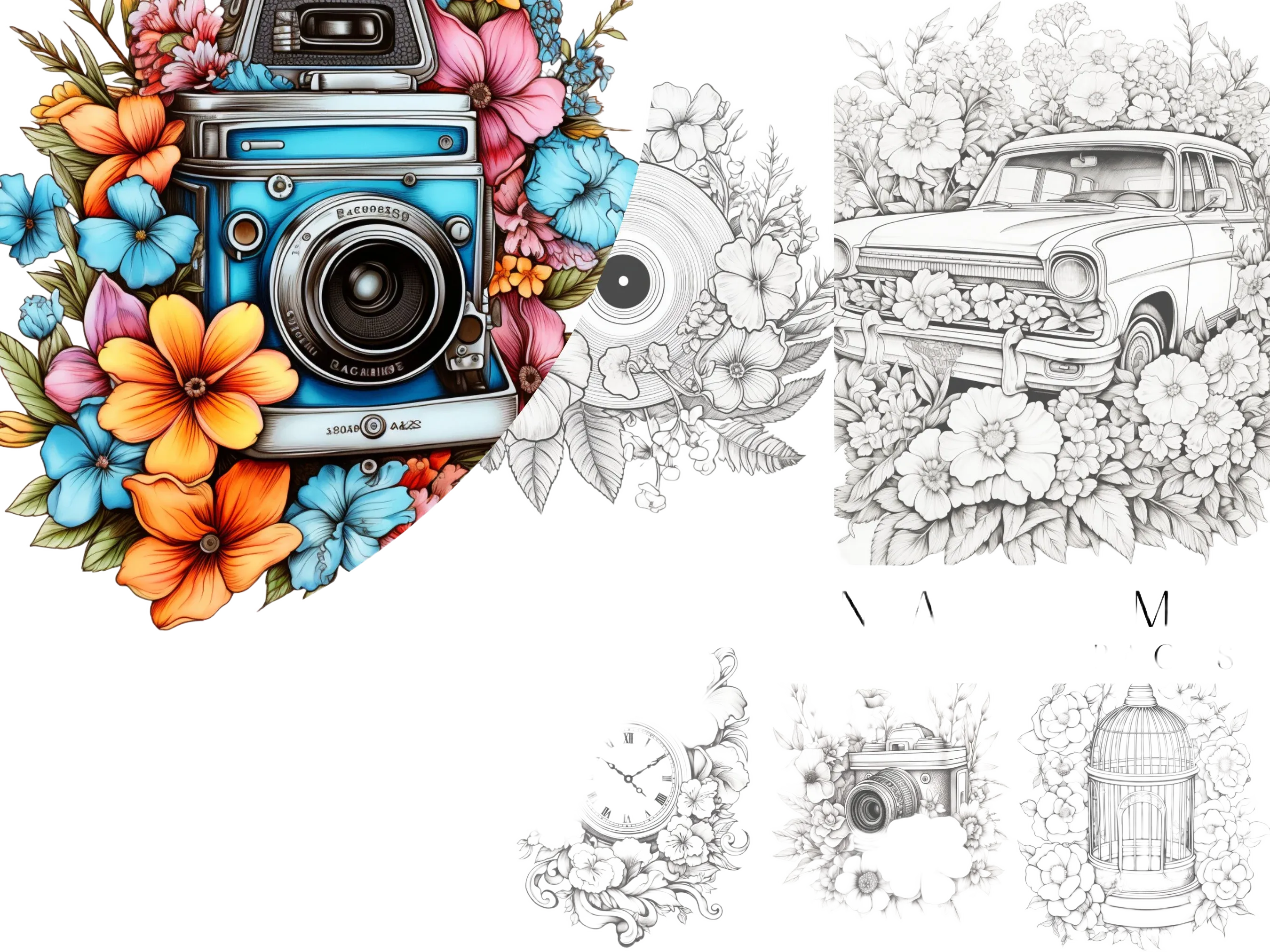 50 Floral Vintage Item Coloring Pages - Adults Coloring Book, Greyscale, Digital Coloring Sheets, Instant Download, Printable PDF File.