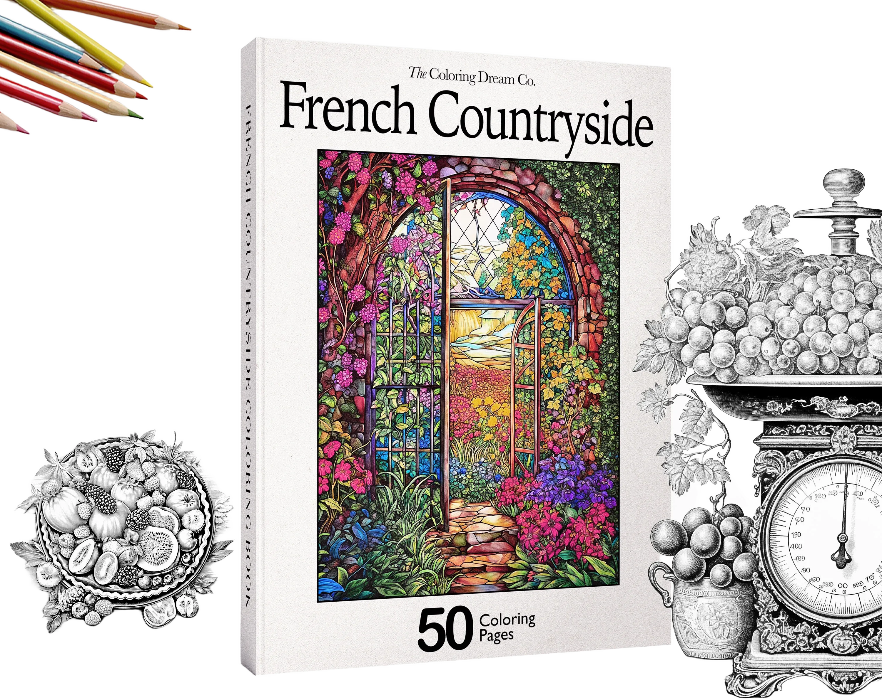 French Countryside Whimsical Coloring Book, Nature Landscapes, Printable Coloring Page, Adults Kids Coloring Pages