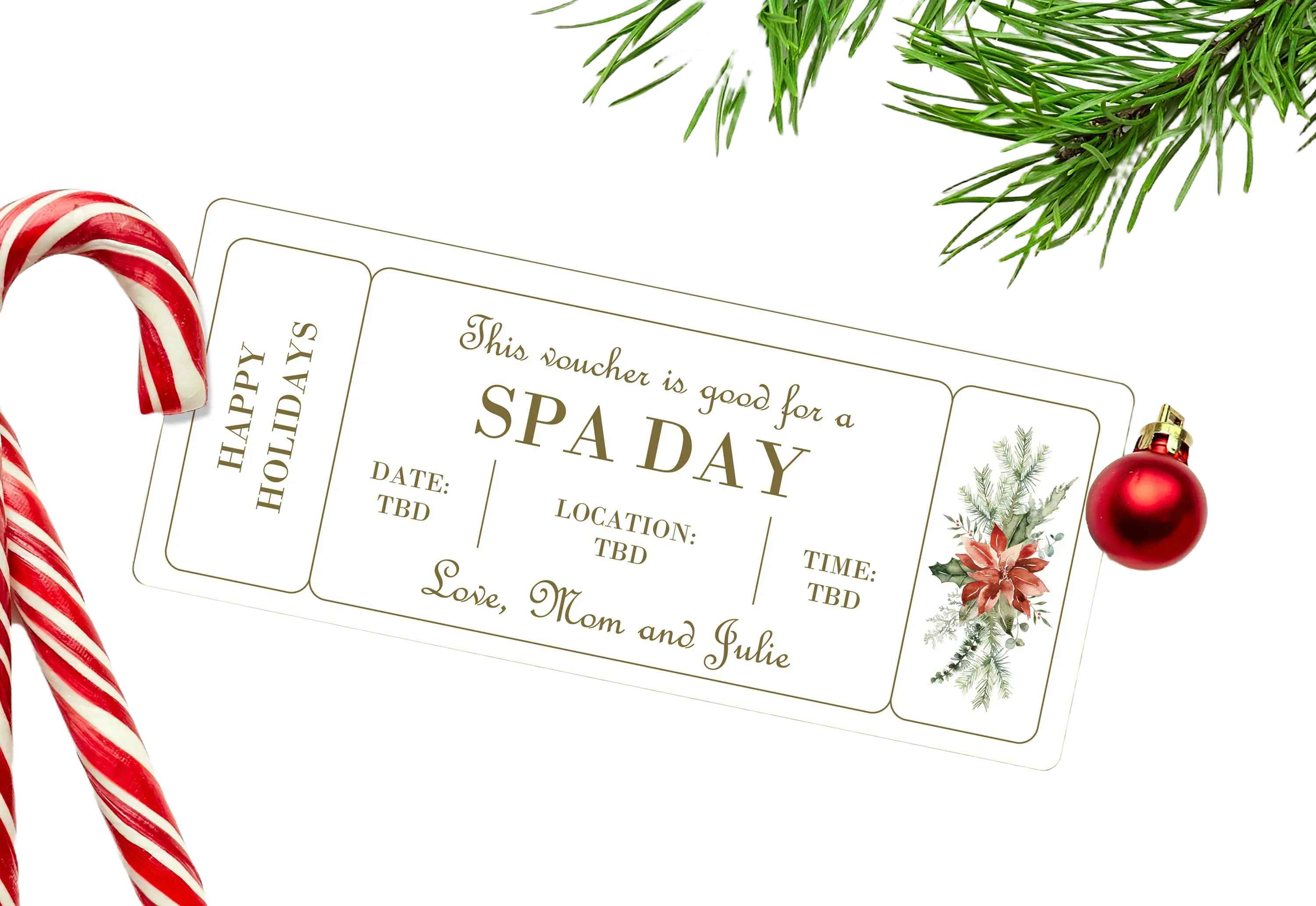 Happy Holidays Spa Day Gift Voucher  - INSTANT DOWNLOAD - EDITABLE Text - Printable, Christmas Spa Day Gift Certificate, Spa Day Coupon