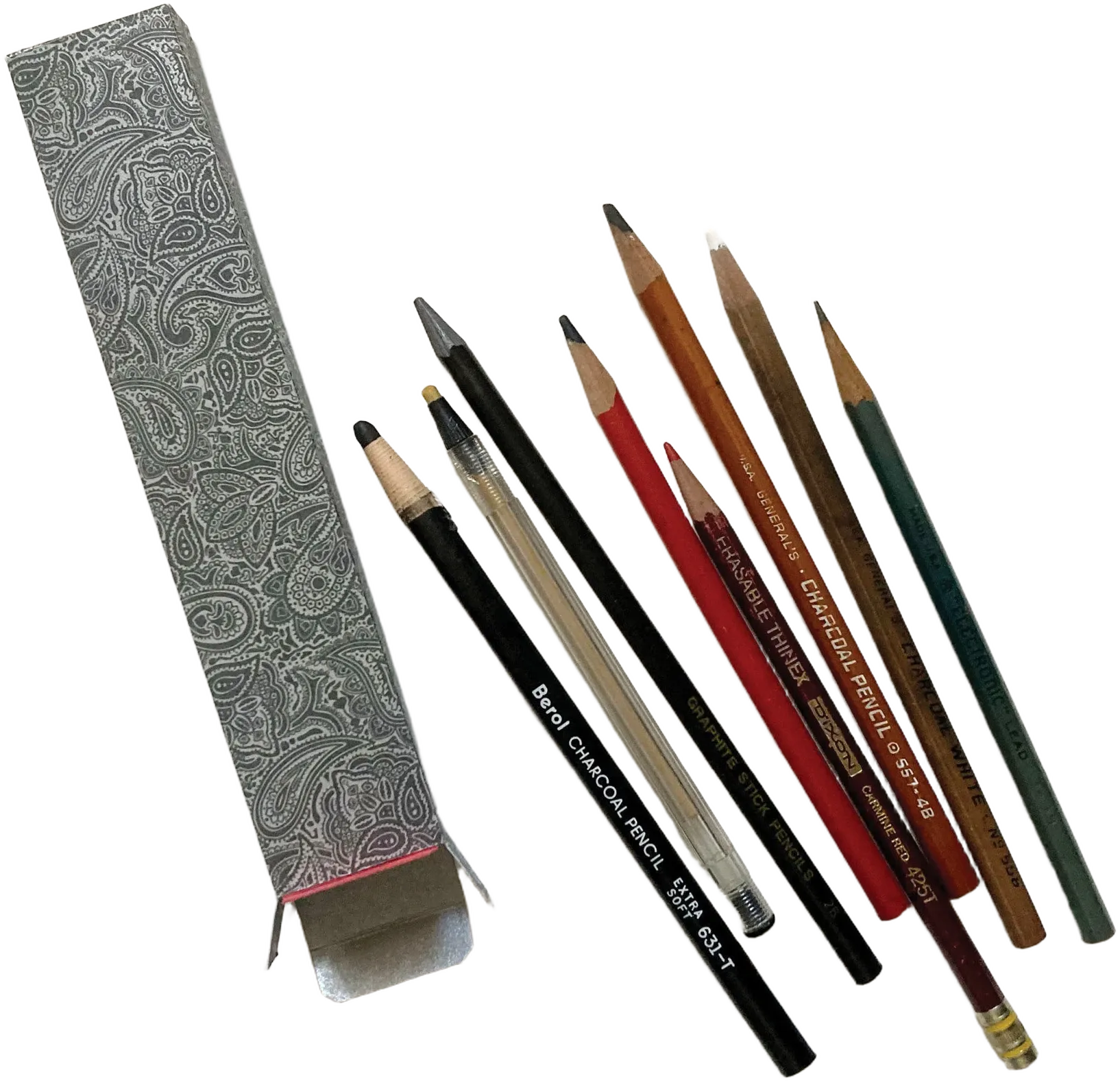 1970-80s Sketch Pencils Gift Set, 8 Drawing Tools, Art Supplies, Handmade Paisley Box, Industrial, Rustic Décor, Used Collectibles, Vintage