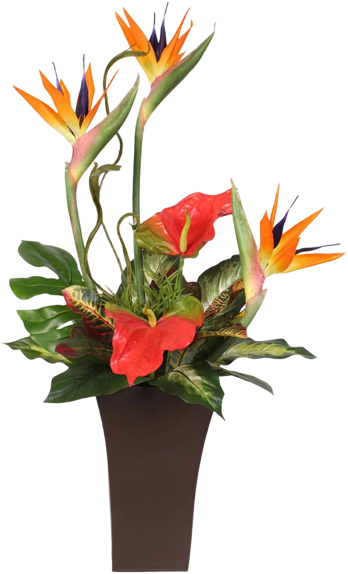 Jenny Silks Bird of Paradise Tropical Arrangement Tall Metal Container