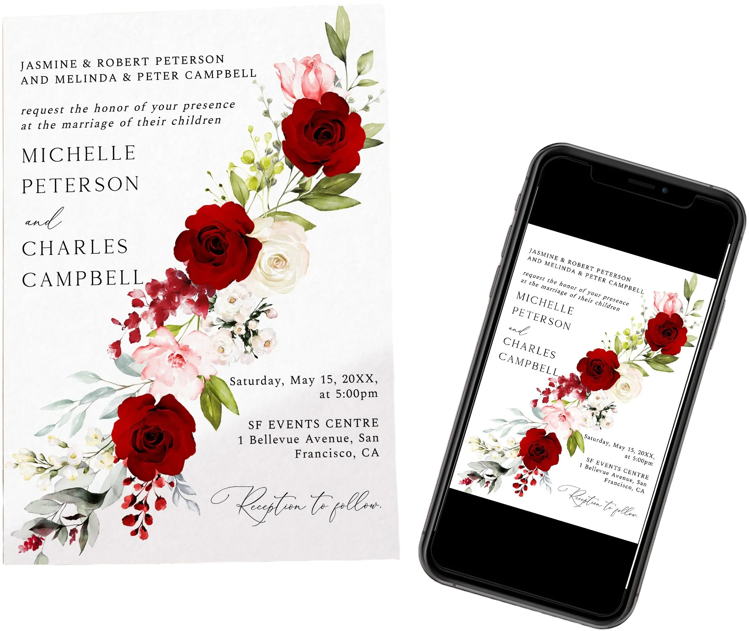 Red and White Wedding Invitation, Red Roses Wedding Invite, Floral Wedding, Editable Wedding Template, Printable Card, Instant Download, G26