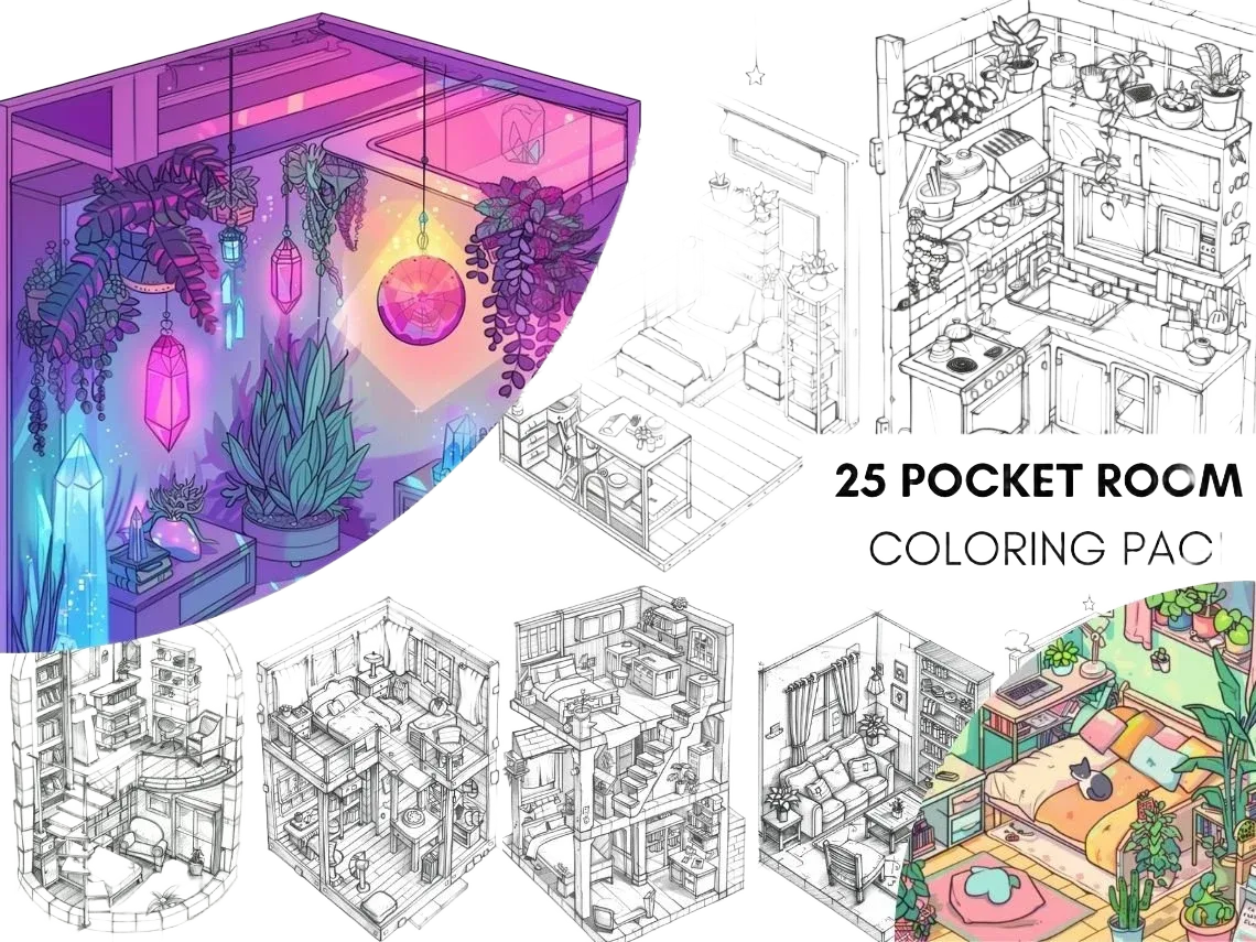 Cute Pocket Room Coloring Book, Isometric Coloring Pages, Interior Coloring Pages for Adult, Kawaii Coloring Pages, Download PDF Greyscale