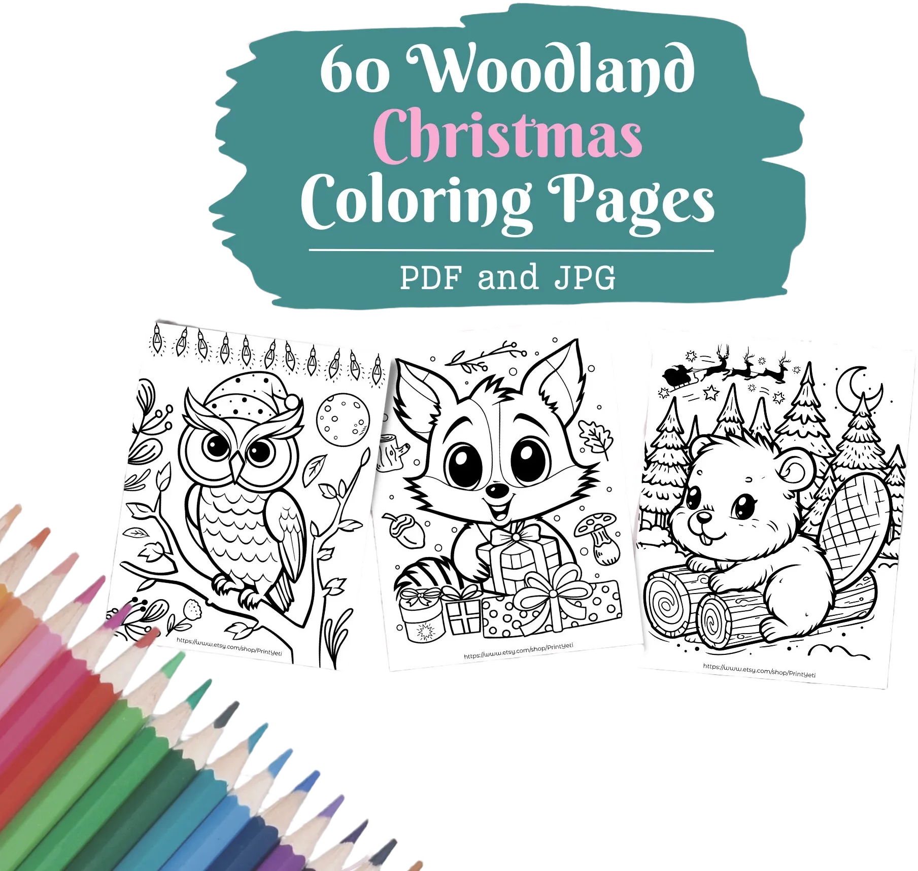 Woodland Christmas Baby Animals Coloring Pages, Cute Coloring, Cute Kawaii Woodland Animals, Forest Animals, Owl Deer Fox, Digital Download