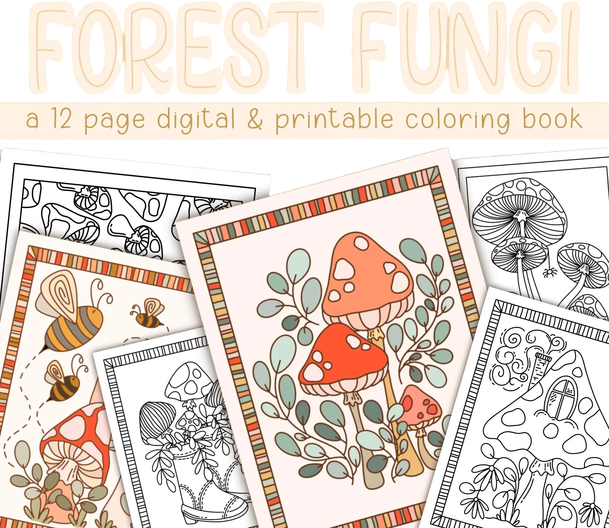 Forest Fungi Digital Coloring Book, Printable Coloring Pages for Kids, Printable Coloring Book, Mushroom Coloring Pages, Botanical Coloring
