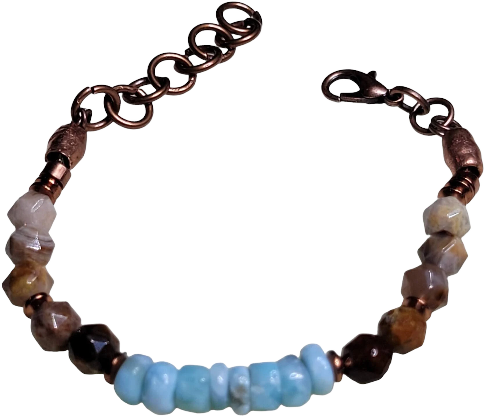 Petrified Wood and Dominican Republic Larimar Beaded Bracelet