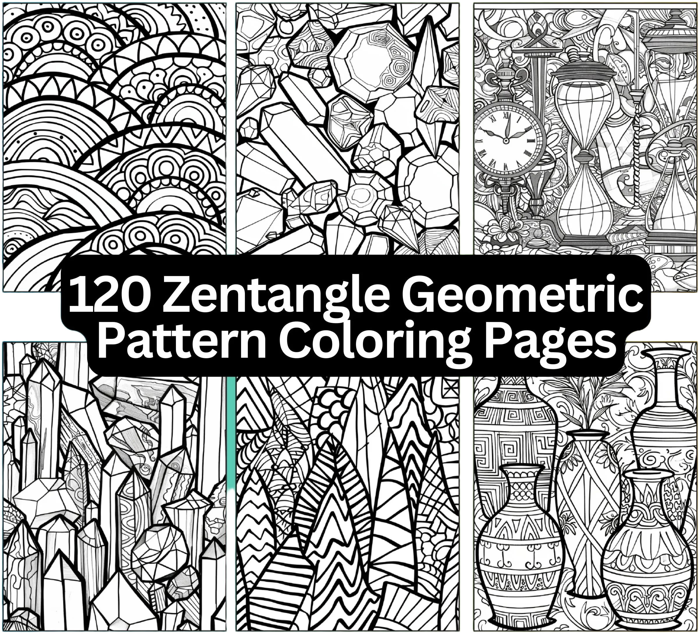 120 Zentangle Geometric Pattern Coloring Pages, Printable, Instant Digital Download, Adult Kid Coloring, Abstract Line Art Coloring
