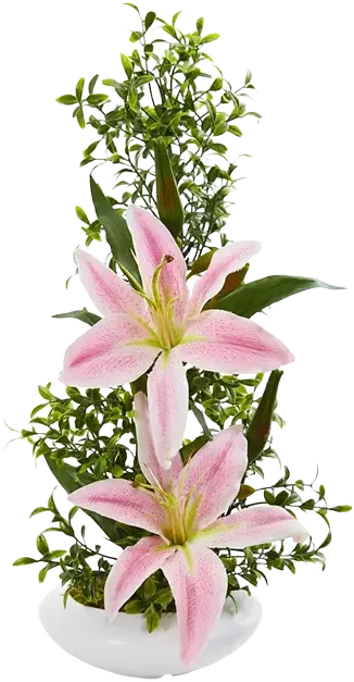 Nearly Natural Lily and Boxwood Artificial Arrangement in White Planter