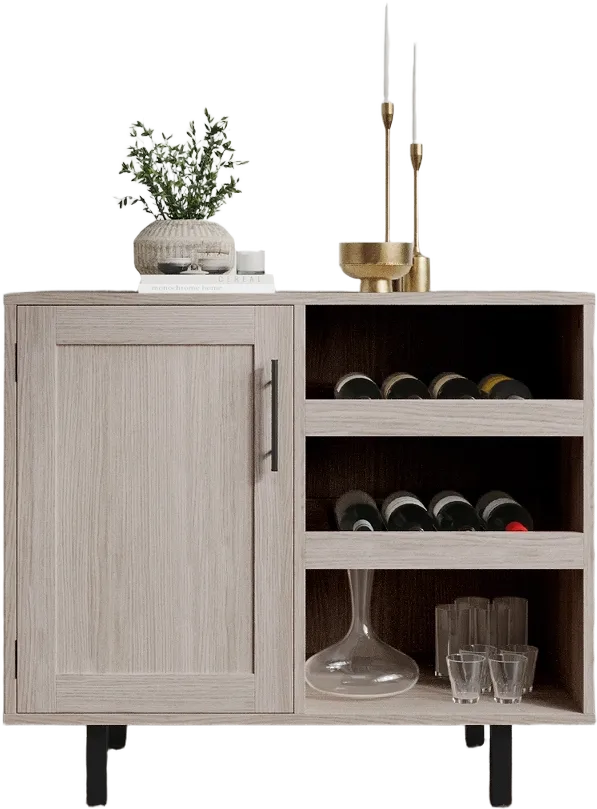 Emma and Oliver Classic Bar and Sideboard with Shaker Style Single Door Cabinet with Hanging Glass Storage and Open Bottle Shelves, Gray