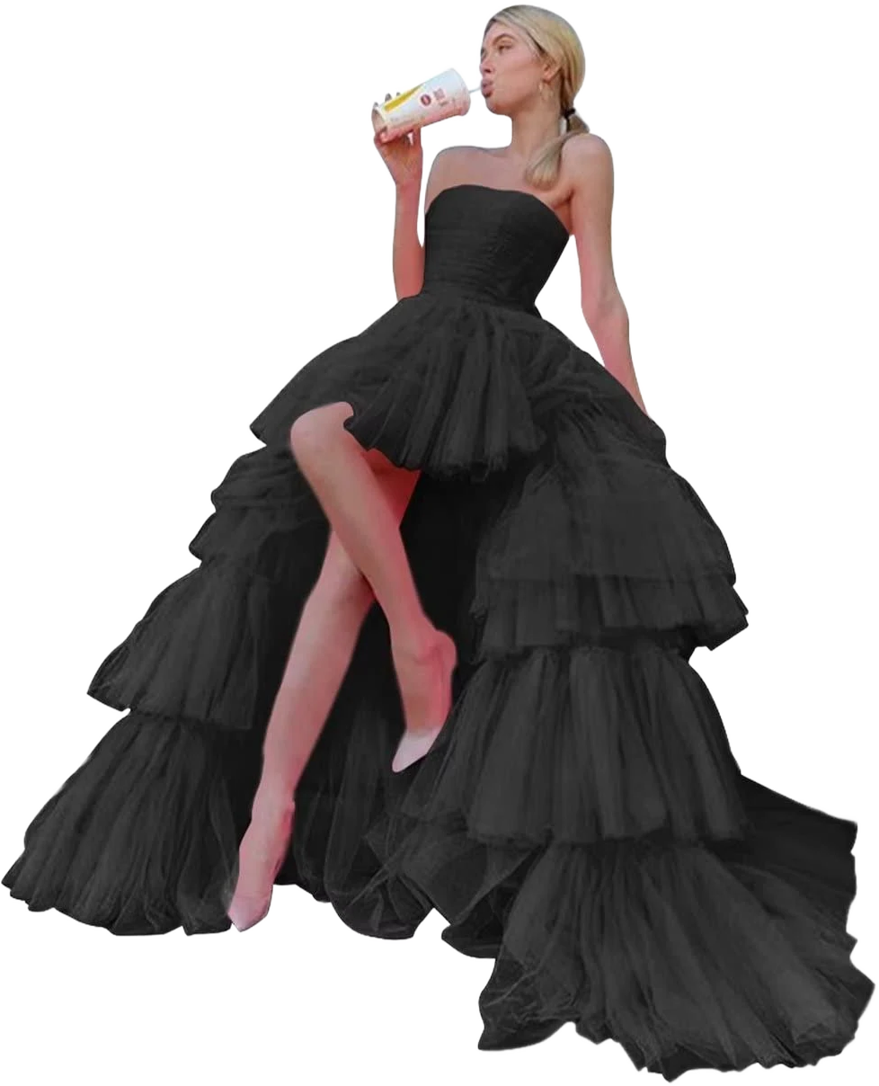 Women's Strapless Layered Tulle Prom Dress with Train