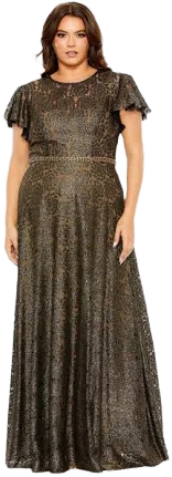 FABULOUSS BY MAC DUGGAL Women's Flutter Sleeve Lace Overlay Gown
