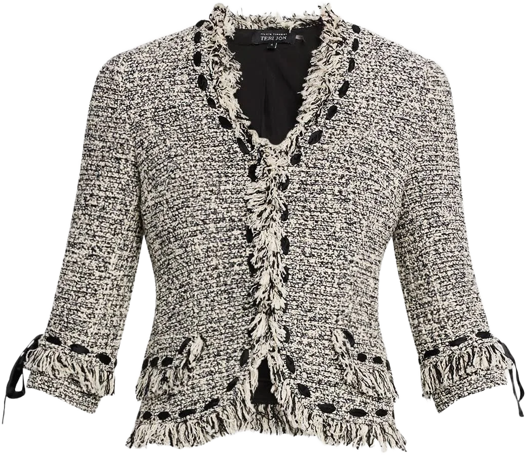 Rickie Freeman For Teri Jon Women's Tweed Fringe Ribbon Trim Jacket