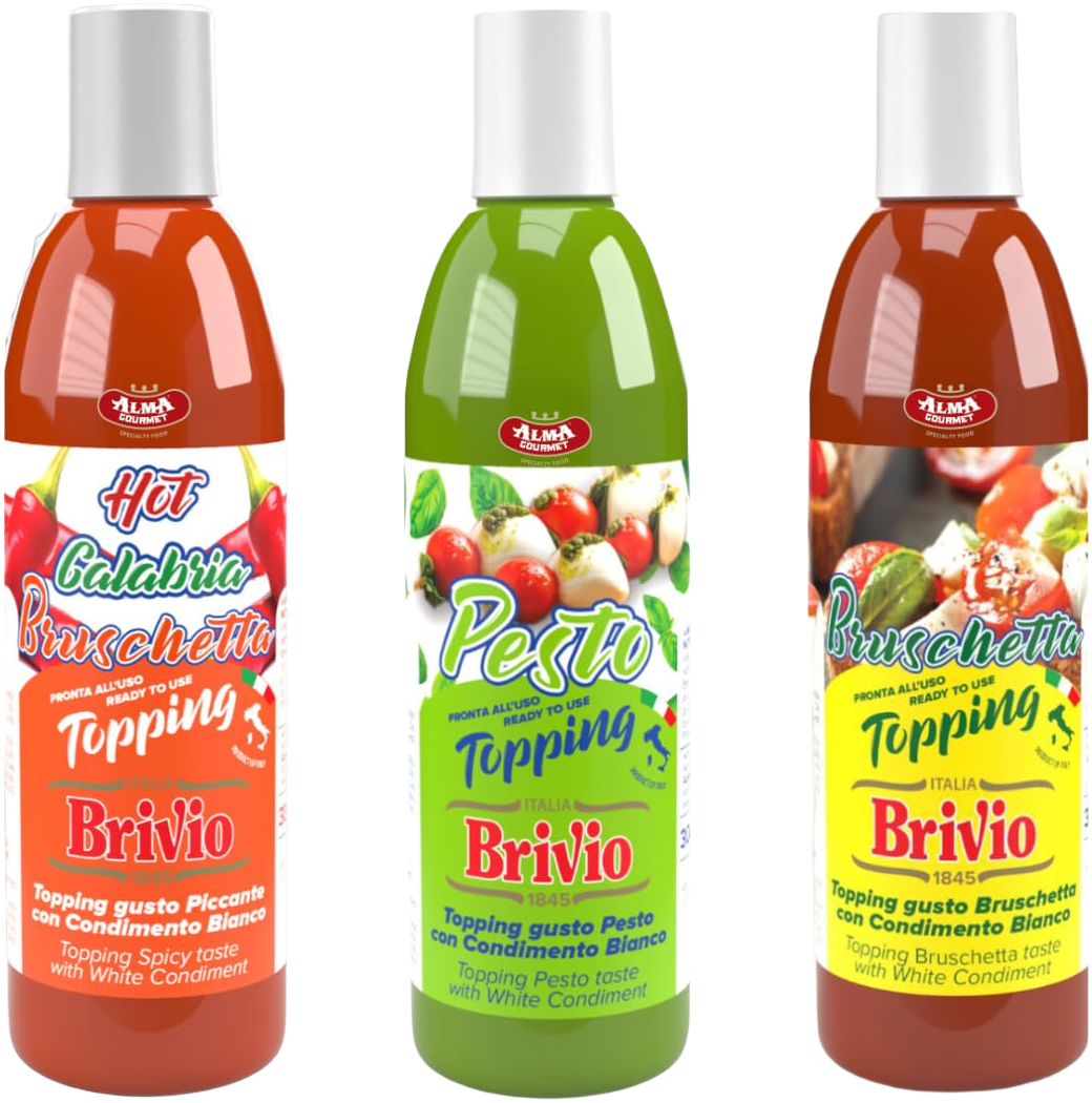 Alma Gourmet x Brivio Italian Dressing Sauce - Ready To Use Pesto, Bruschetta and Hot Calabria Bruschetta Topping Sauce With Concentrated Grape Must - Ideal To Top Bruschetta, Salads, Sandwiches, Pizza, Meat and Fish - 10.6oz (300g) Each - Combo of 3