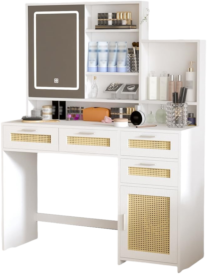 Makeup Vanity with Lights in 3 Colors & Openable Mirror, Vanity Desk with 4 Drawers, 1 Cabinets and Shelves, Vanity Table Rattan Vanity Dresser, White
