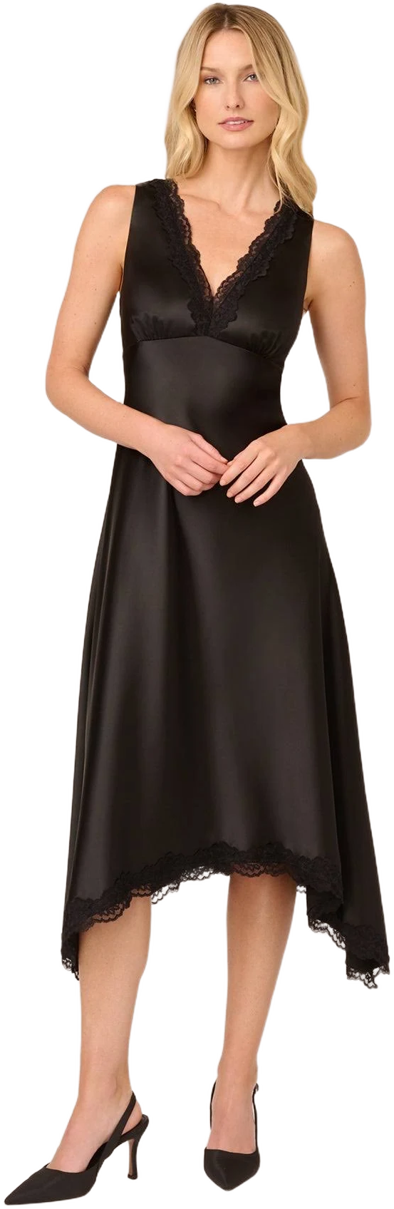 Adrianna Papell Women's Lace-Trim Satin Midi Dress