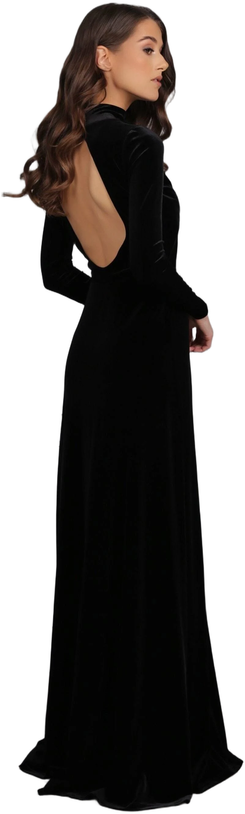Velvet Mock Neck Open Round Back Long Sleeve Bridesmaid Dress