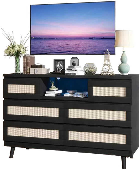gaomon Natural Rattan Dresser For Bedroom With LED Light And Charging Station, 6 Drawer Double Dressers, Modern Wooden Dresser Chest, Beside Table For Closet, Nursery, Living Room