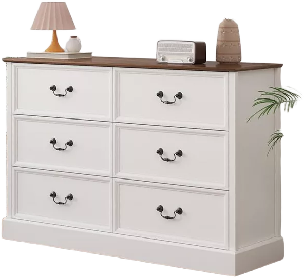 gaomon 6 Drawer Double Dresser,Modern Farmhouse Chest of Drawers for Bedroom, Wide Accent Dressers Organizer Wood Storage Cabinet Rustic Tall Dresser for Living Room, Hallway, White_47.2"D x 15.6"W x 32"H