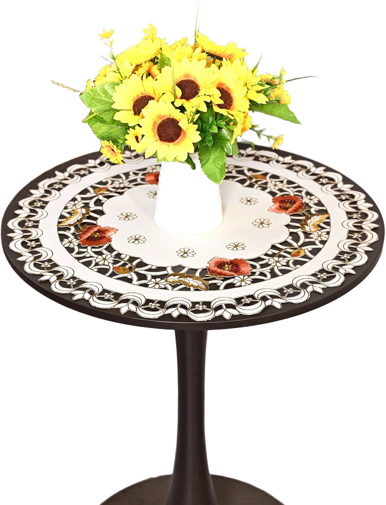 1 Pc Oleander Flower Embroidered Round Tablecloth, Lightweight Polyester Fabric, Shallow Khaki Color, Luxurious European Style With Hollow Lace Edges, Suitable For Round Dining Tables, Everyday Home & Restaurant Use