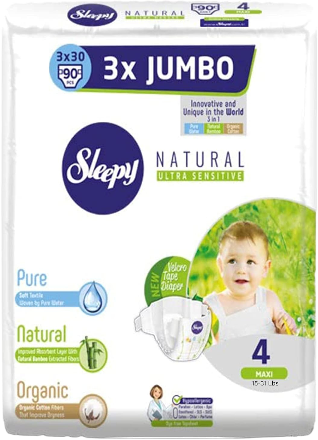 SOHO|Sleepy 3X Jumbo Natural Baby Diapers, Made from Organic Cotton and Bamboo Extract, Ultimate Comfort and Dryness, Diapers- Size 4 Maxi (Child Weight 15-31 Lbs,90 Count)