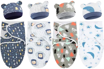 Buryeah 4 Pack Preemie Swaddle Blanket Wrap Set with Hat for Baby Boys Girls 3-7 Lbs Preemie Newborn Clothes Sleepers Cap