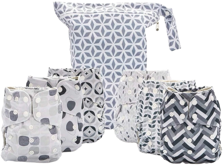 6ct Reusable Cloth Diapers, One Size Adjustable, Washable Soft Absorbent, Waterproof Cover, 4-Layers Microfiber Inserts (Greys) - Simple Being