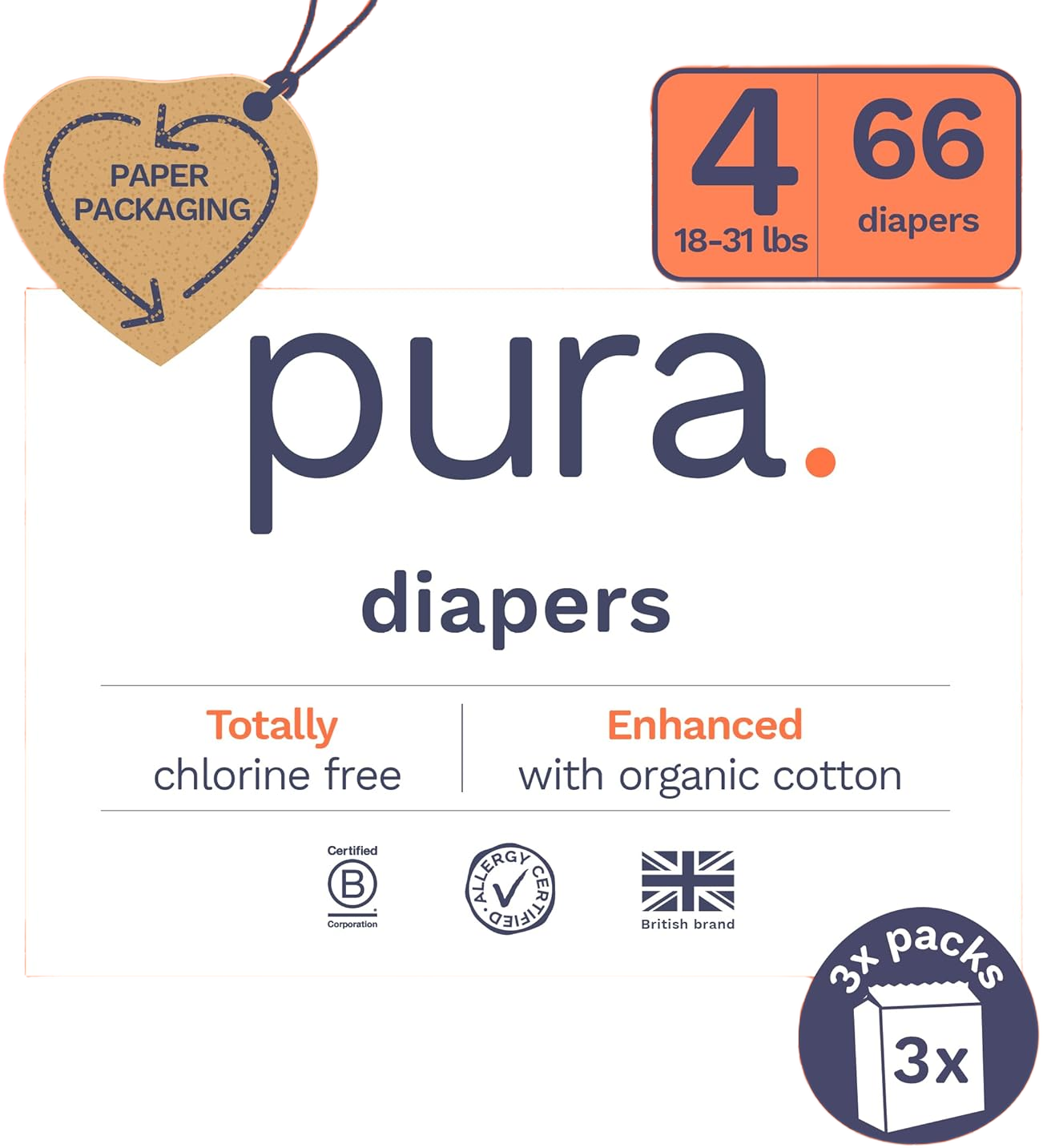 Pura Size 4 Diapers, 66 Count, Unisex, Organic Cotton, Leak-Free, Plant-Based, Dermatologically Tested, Allergy-Certified, Carbon Neutral, B-Corp Size 4 (66 Diapers)