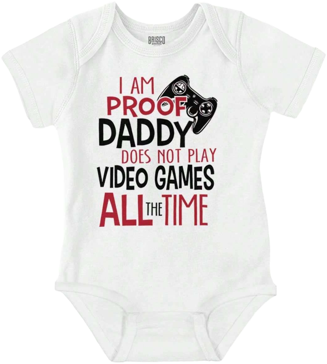 Video Game Baby Boy Graphic One Piece Bodysuit Cute Funny Baby Pregnancy Announcement I Am Proof Daddy Does Not Play Video Games All The Time Gamer Dad Humor Casual Everyday Soft Cotton Printed Cap Sleeve Lap Neck Romper Baby Clothes Brisco Brands
