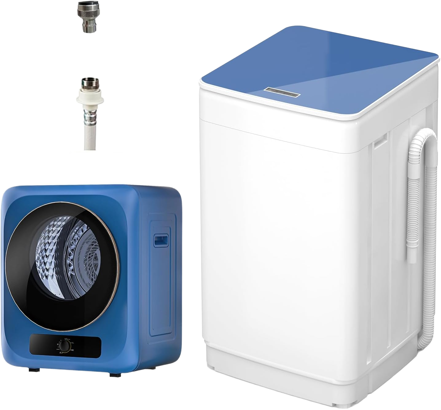 VCJ Portable Washing Machine and Dryer Set, 18lbs Fully Automatic Washer and 10lbs Portable Dryer with Stainless Steel Tub, Quiet Operation, Powerful Motor, Ideal for Household Use White & Blue