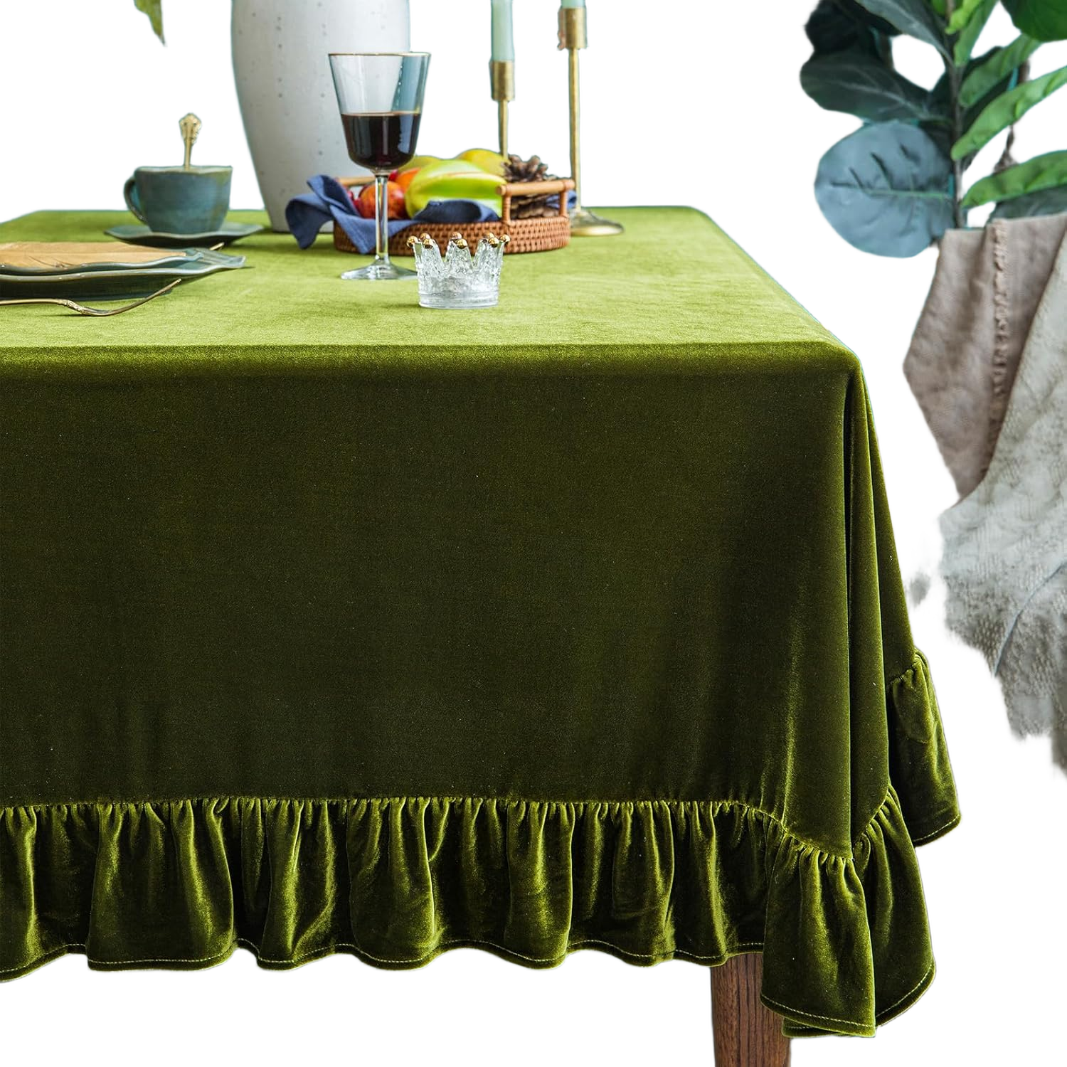 Velvet Tablecloth Luxurious Solid Rectangle Table Cloth,Oblong Retro Farmhouse Ruffle Tablecloths Washable Table Cover for Party Wedding Baby Shower Kitchen Dinning Tabletop Decoration 84" x 60" (Rectangular) Olive Green