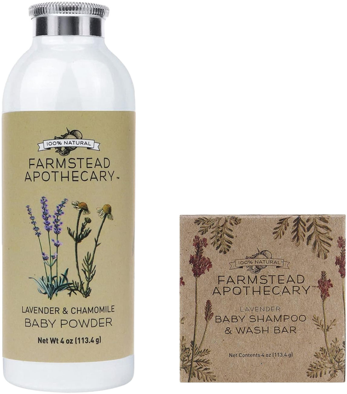 Farmstead Apothecary 100% Natural Baby Powder (4 oz) and Baby Shampoo & Wash Bar (4.5 oz) with Organic Tapioca Starch, Non-GMO Sodium Cocoate (Coconut), Organic Jojoba Seed Oil (Bundle)
