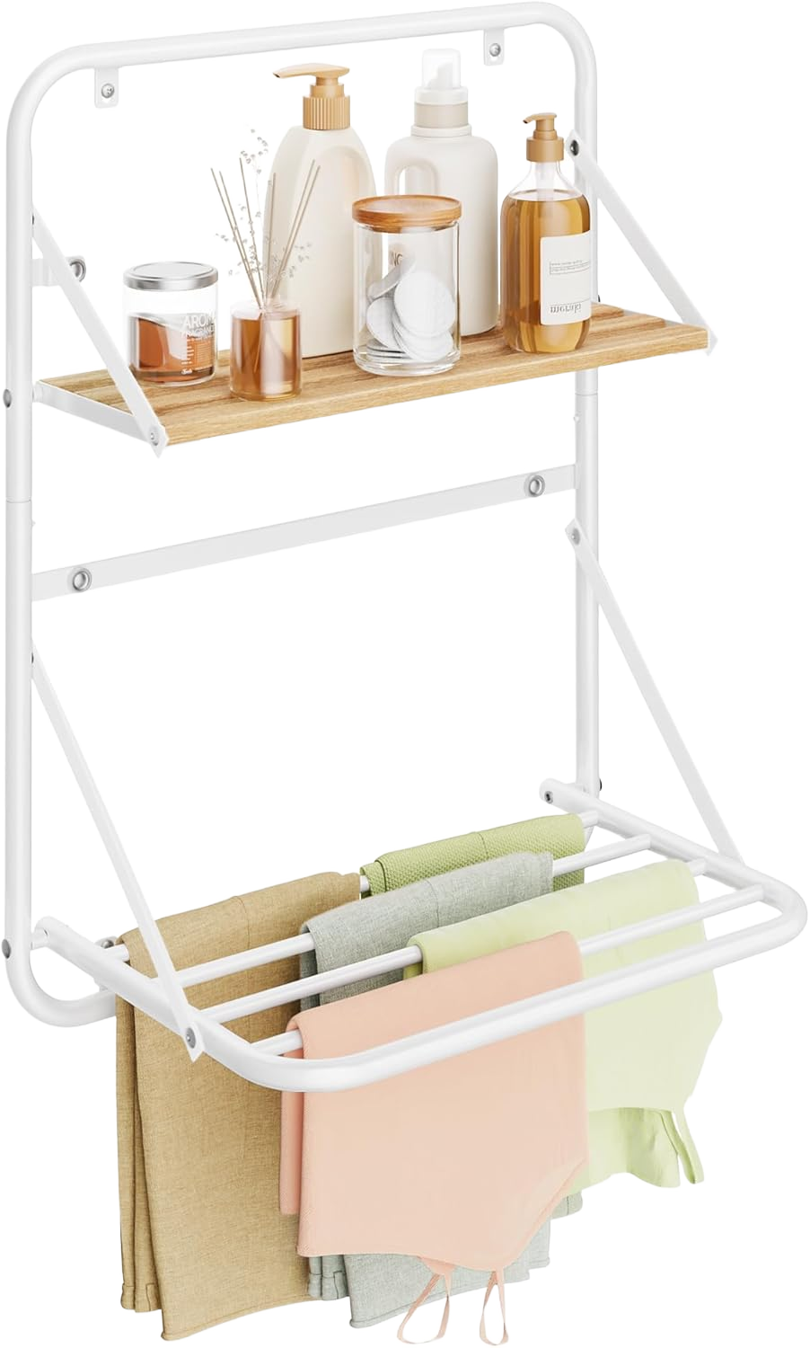 SONGMICS Wall-Mounted Clothing Drying Rack, Shower Caddy, Bath Organizers with Storage Shelf, Hanging Rods, Magnetic Design, for Laundry Room, Bathroom, Cloud White ULLR803W01