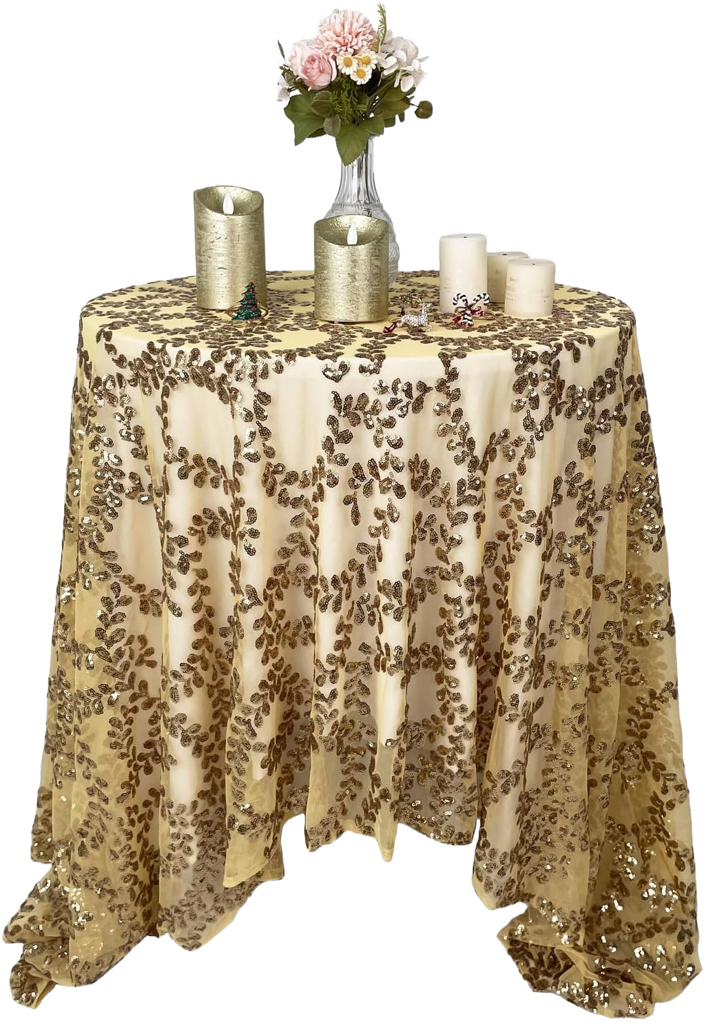 Mesh Sparkly Tablecloth,Gold Sequin Tablecloth Birthday Sequin Overlay 50x50 Inch for Wedding Party Birthday Baby Shower Shimmer Table Decor Gold Flower 50x50 Inch