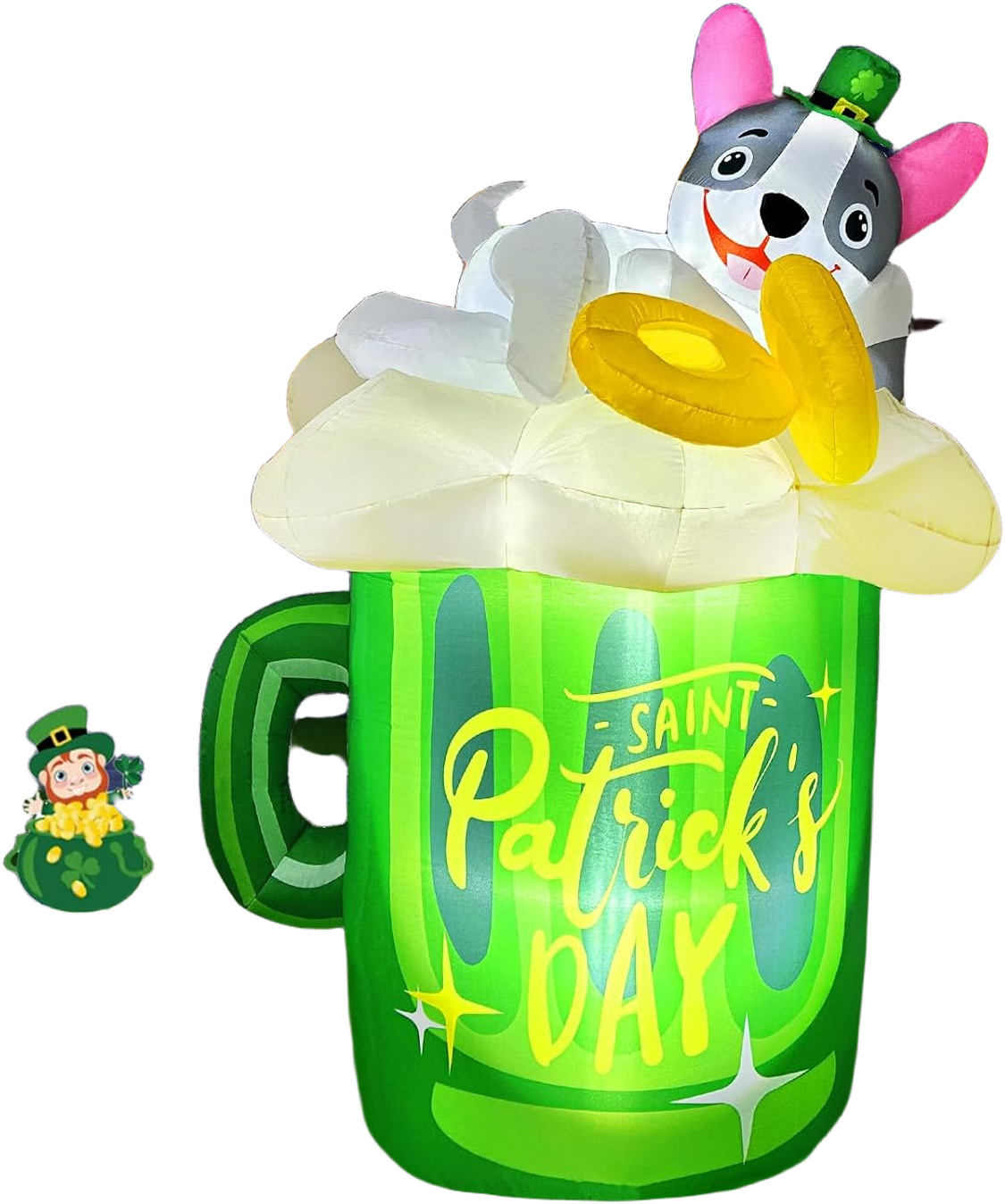 OurWarm 5FT ST Patricks Day Inflatables Outdoor Decoration, Blow Up French Bulldog Wearing Lucky Shamrocks Hat & Lying on Beer Mug, St Patricks Day Decorations for Yard Garden Lawn Home Party Indoor