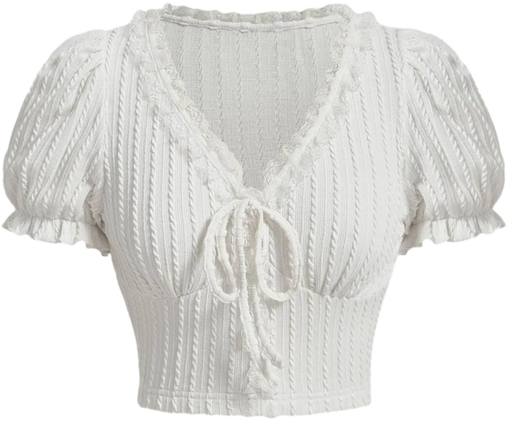 Verdusa Women's Knot Front Lace Trim Puff Sleeve V Neck Crop Tee