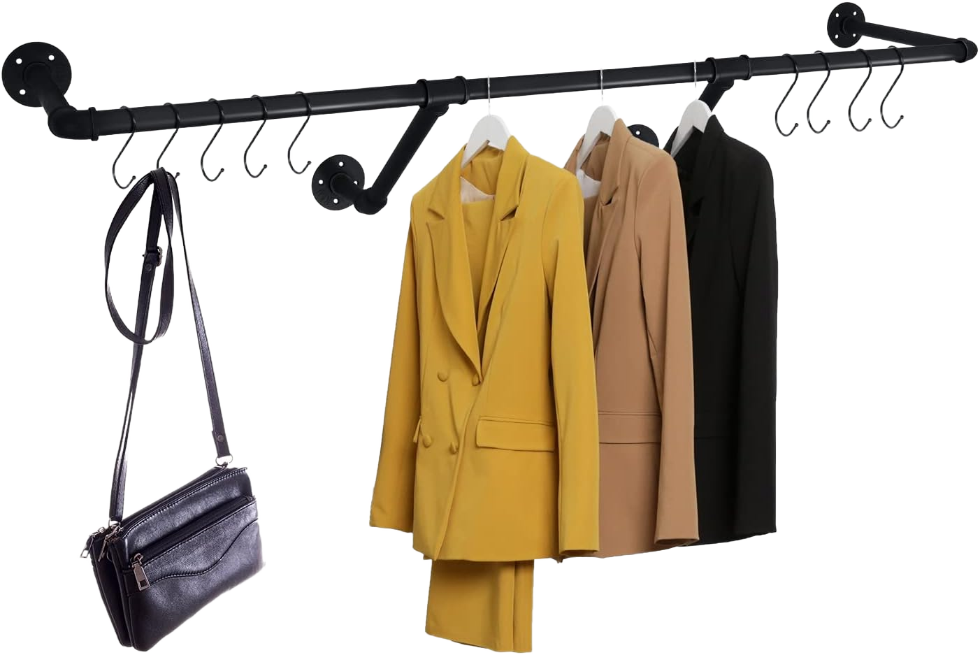 54” Wall Mounted Clothes Rack, Industrial Pipe Black Iron Garment Bar, Heavy-Duty Detachable Clothing Rod, Multi-Purpose Metal Wall display Hanging Pole for Closet Storage, Laundry Room 2 Base 54'' 1 Pcs