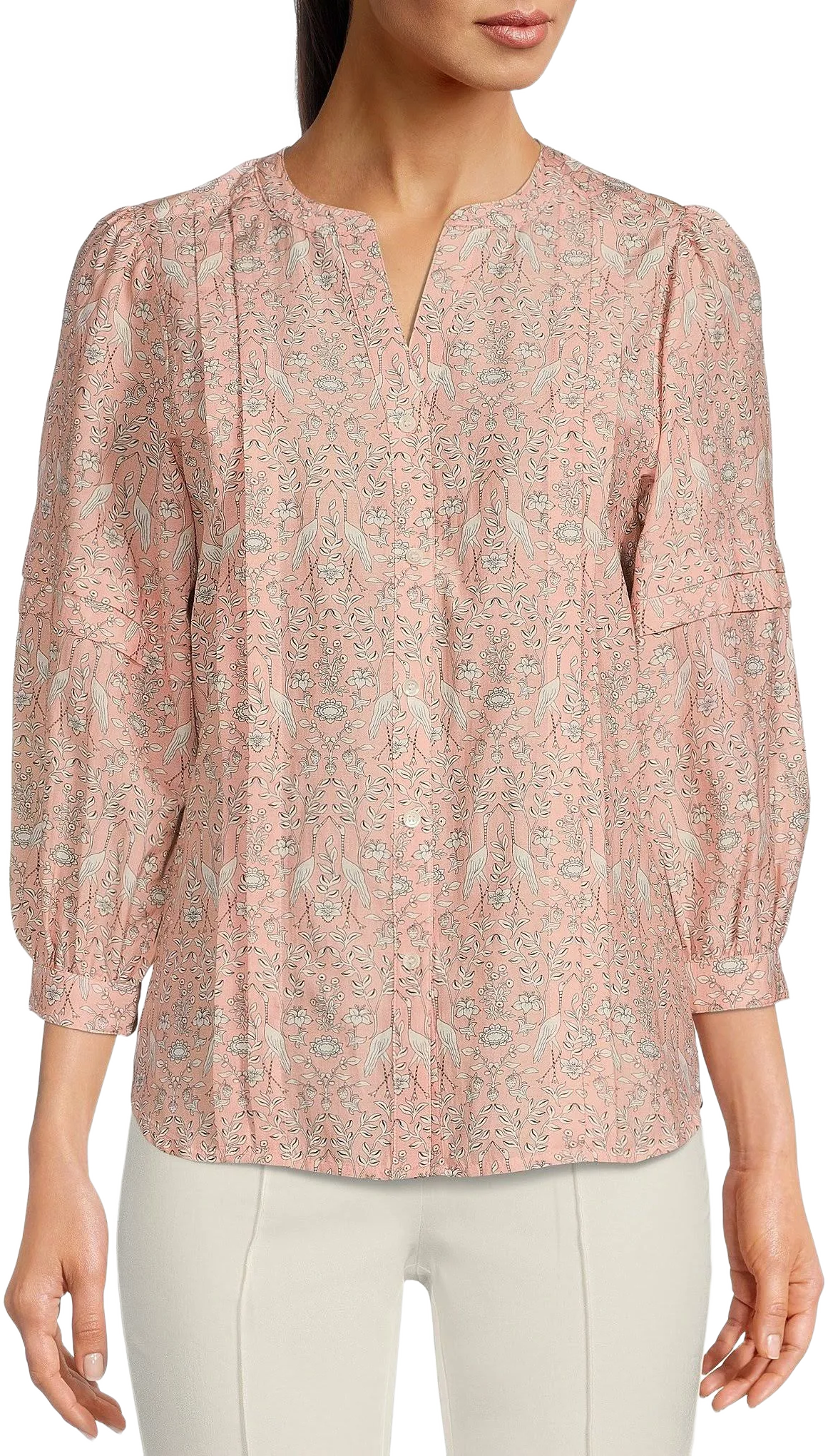 J.Mclaughlin Laramie Flamingo Print Banded Split V-Neck 34 Sleeve Blouse, Womens, L, Pink