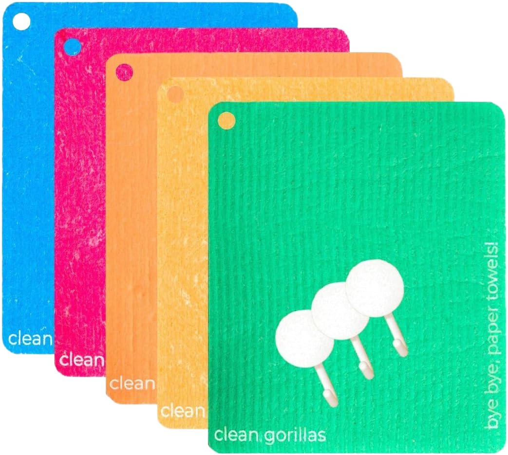 Swedish Dishcloths for Kitchen, Reusable Paper Towels, Ultra Absorbent, Eco-Friendly and Machine Washable, 5 Sheets and 3 Adhesive Hooks for Easy Drying, Assorted Colors