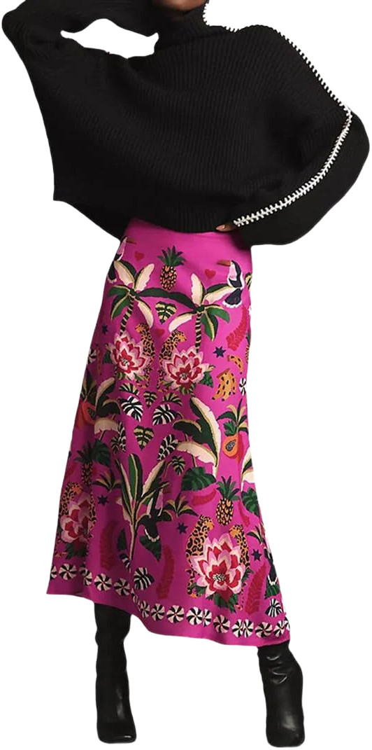 Tropical Plant Print A-Line Skirt