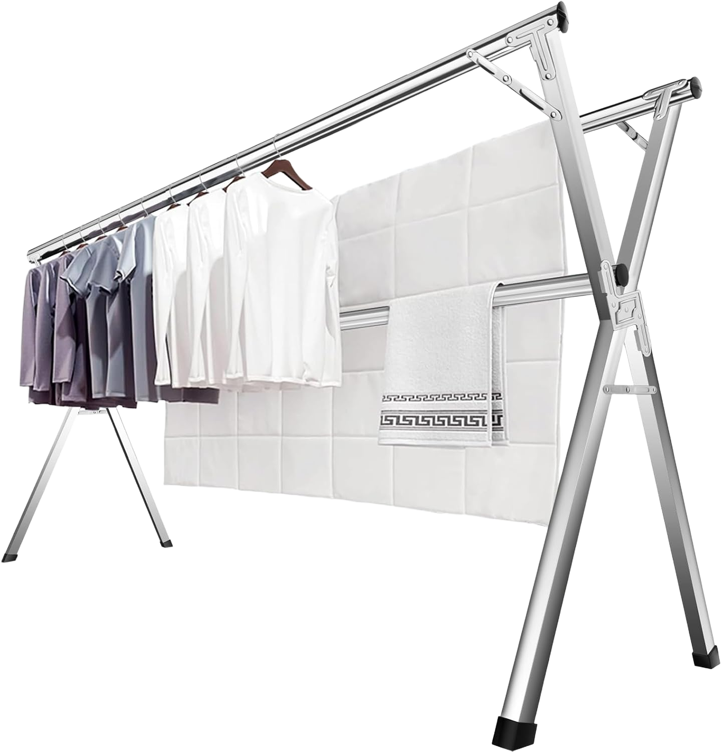 JAUREE 63 Inches Clothes Drying Rack, Drying Rack Clothing Folding Indoor Outdoor, Heavy Duty Stainless Steel Laundry Rack, Foldable Portable Large Clothes Rack Garment Rack with 20 Windproof Hooks Silver 63"