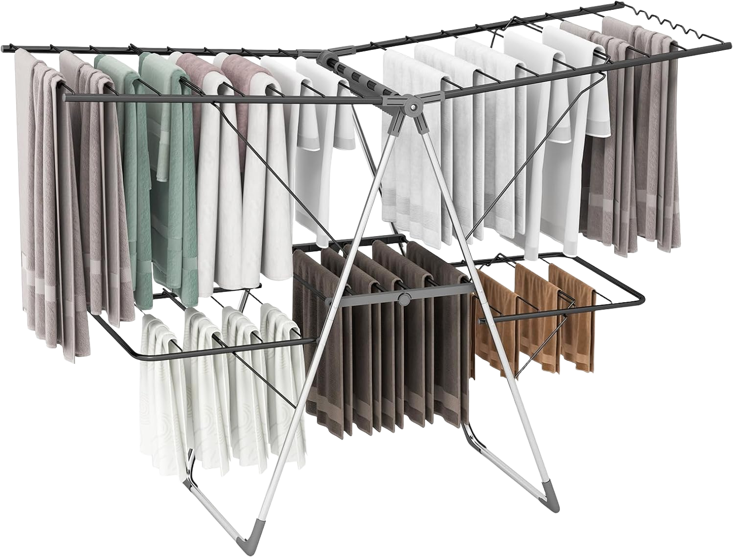 Giantex Clothes Drying Rack, Foldable Laundry Drying Rack with 33 Drying Rails, 3-Level Adjustable Height, Versatile Clips, Wave-Shaped Bars, Collapsible Freestanding Airer for Indoor Outdoor Silver & Gray